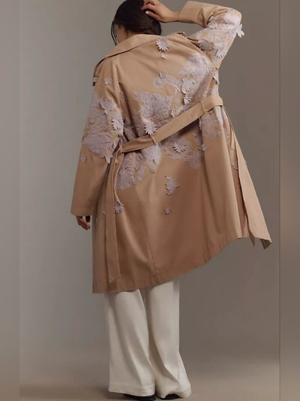 Anthropologie Cotton Embroidered Floral Belted Side Pockets Trench Coat size S - Picture 3 of 10